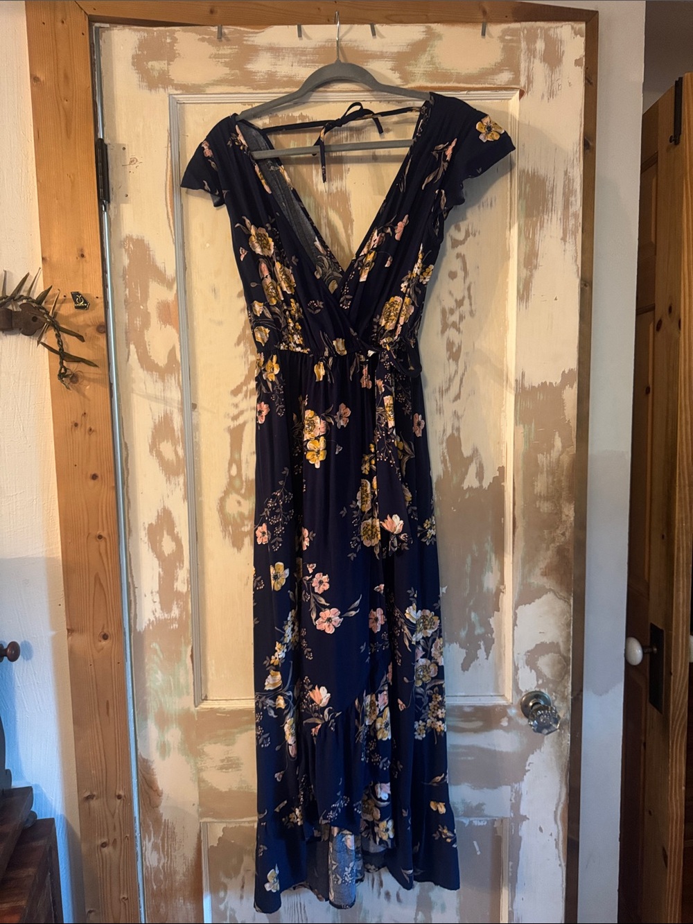 Band of Gypsies Navy Maxi Dress with Yellow & Pink Floral Print